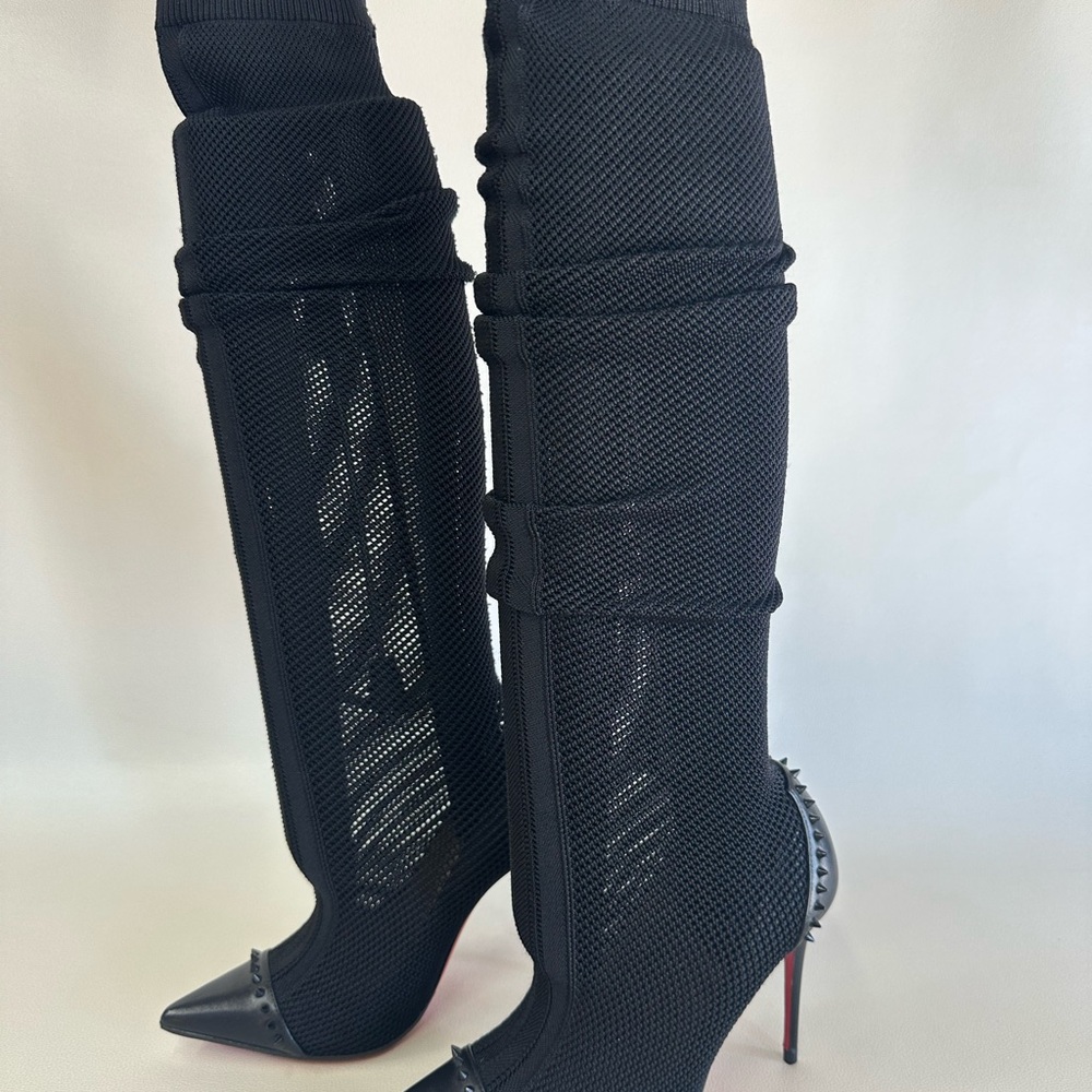 Christian Louboutin Black Knit Fabric and Leather Souricette Knee Length Boots